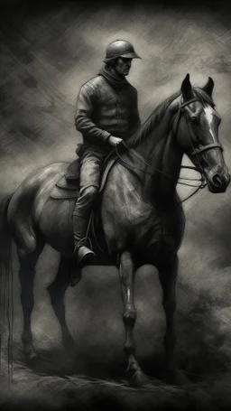 A man on horse in a Hyper Realistic Aerial Grungy Dark-Grey Brush strokes on a dark rustic background with charcoals