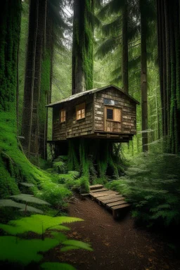 a tiny house in the high end of a big tree, in the middle of a dense forest.