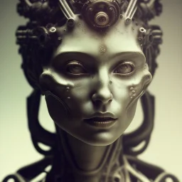 a greek marmor statue of a woman, steam punk, hr giger, scary, horror, realistic, made in octane, cinematic, movie, CGI, ultra-realistic, extremely detailed octane rendering, 8K, VRAY Super Real ar 2:3, dof photorealistic futuristic 50mm lens hard lighting dark gray tintype photograph, realistic lighting, sephia colors