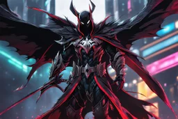 Spawn in 8k solo leveling shadow drawing style, close picture, rain, neon lights, intricate details, highly detailed, high details, detailed portrait, masterpiece,ultra detailed, ultra quality