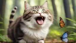 laughing cat in the forest playing with butterfly