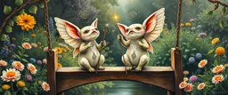 sacred geometry embroidered patterns, two totally symmetric fluffy angel gremlin slug nice cheerleader singing on bridge in garden , full body portrait T-pose strong aura, oil painting and air brush, in swing