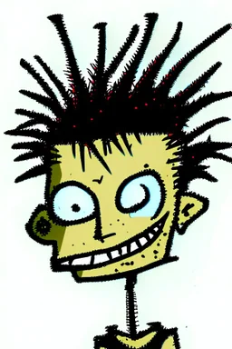 2d drawing of a stickman, cool with punk hair, x eyes like in hangman, head slightly bended, looking close into camera, smiling,close-up ,3d realistic in colour