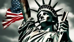 the statue of liberty, dress dirty and torn, her face solemn and terse, trash littered at her feet, she holds a crumpled american flag, she walks away, back to the viewer, under a dark and dreary sky
