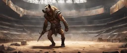 humanoid hyena gladiator inside an arena, post-apocalyptic, concept art