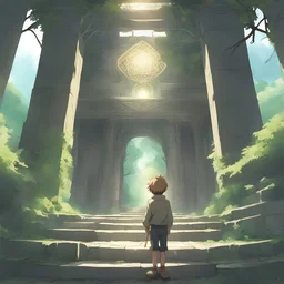 I want a picture of a 13 year old boy finding a magical gem in an abandoned temple in the middle of the forest. I want it anime