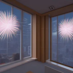 3d render of lawyer office, showing through the windows the new year fireworks outside, at night, hyper realistic, 4k