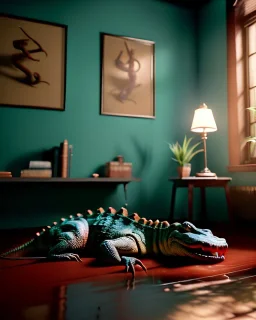 Room scene with alligator sleeping, Wes Anderson styler, realistic photo, concept art, smooth, unreal engine 5, god lights, ray tracing, RTX, lumen lighting, ultra detail, volumetric lighting, 3d.