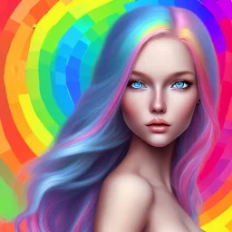 girl nude, cute, beautiful, long blond hair,blue eyes rainbow hair, rainbow dress, close up portrait smiling