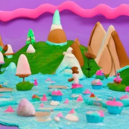 A landscape shot In the background A mountain made of cakes . above the mountain are pink and blue cumulus clouds made of cotton candy. a forest of lollipops and candy canes surround the lake. in the center a large ice cream float that is a lake. Groups Gingerbread people are sunbathing under a sunflower sun. Some gingerbread people are drinking from the lake