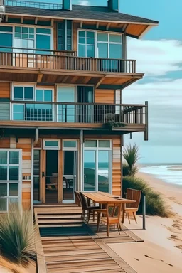 a cute house with really big windows, in the side of the beach, it has a cute balcony with chairs to relax and look at the beach