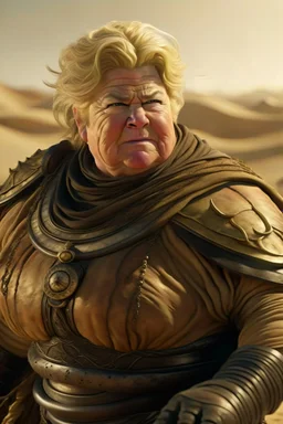 Erna Solberg as fat floating harkonen boss in a desert scene from dune, shot on Hasselblad h6d-400c, zeiss prime lens, bokeh like f/0.8, tilt-shift lens 8k, high detail, smooth render, down-light, unreal engine, prize winning