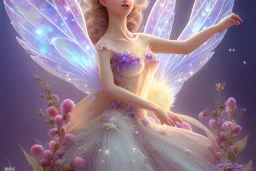 one very little beautiful fairy above one big crystal subtle flower in a galactic ambiance, transparent petals, delicate colors, in the foreground, full of details, smooth, bright sunshine，soft light atmosphere, light effect，vaporwave colorful, concept art, smooth, extremely sharp detail, finely tuned detail, ultra high definition, 8 k, unreal engine 5, ultra sharp focus