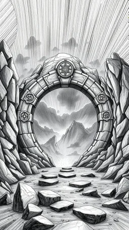 image of A rocky portal of a strange ring with strange symbols on it , the world of gray. those in the grayscale. Those beyond the portal in the color world are scary a stormy wether in the. Background in fine lines draw