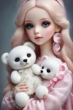 a close up of a doll holding a teddy bear, artdoll, realistic cute girl painting, anime barbie doll, carlos ortega elizalde, doll, kawaii realistic portrait, portrait of barbie doll, young girl, cute pocelain doll, by nicoletta ceccoli, barbie doll, beauty girl, beautiful and realistic face, beautiful fantasy art portrait, cute young girl