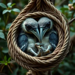 anthropomorphic Plague Doctor beak-masked big-eyed avian babies snuggling in surreal natural rope nest, creepy cute yin-yang, setting is a natural garden, by Anne Geddes and Patricia Piccinini, mind-bending magical realism, weirdcore, adorably strange, natural lighting