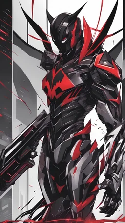 A close picture to Mix between symbiote and machine and batman in transformers cyborg with black metal and red details armor in solo leveling shadow art style with red details detailsis in fantasy world