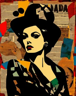 A vibrant and eclectic portrait of a woman, blending the irreverent spirit of Dadaism with the bold, graphic language of Pop Art, featuring a prominent female figure with an enigmatic expression, adorned with collage-like fragments of newspaper clippings, torn paper, and distressed textures, set against a backdrop of clashing colors and disparate patterns, with bold, black outlines and Ben-Day dots, evoking the stylized aesthetic of a 1960s-era advertisement, yet infused with a sense of playful