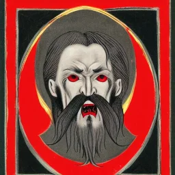 Vampire with yellow eyes with fleshy tentacle beard grey skin and red fangs and vampire bat nose as a Russian Orthodox