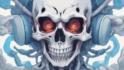 a close up of a person with a skull on their head, blue and white colors, anime skull portrait man, scary detailed art in color, hiroyuki-mitsume takahashi, nychos art aesthetic, half man half skeleton, anime cyberpunk art, colored manga art, rossdraws pastel vibrant, hot colors. insanely detailed, beautiful anime portrait, stunning anime face portrait, scary art in color