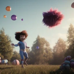 Ultra realistic circus scene. Sweet big hair monster flying. Child’s playing, strong man, smile, happy, color bubbles, smooth color, waist up view, Wes Anderson style, dark ambient, highly detailed, concept art, unreal engine 5, god rays, ray tracing, RTX, lumen lighting, ultra detail, volumetric lighting, 3d, finely drawn, high definition, high resolution.