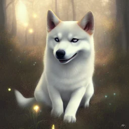 albino shiba inu, ethereal glowing aura, staring