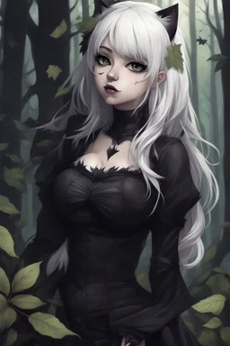 CAT GIRL, goth, forest, nature, cartoon, leaves, half black half white hair, boobs, portrait