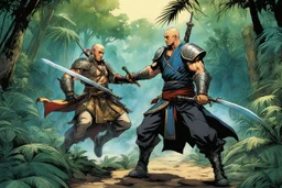 (in the style of Orion, by Masamune Shirow) a tattooed gangsta monk with his staff fights against a paladin knight with his two handed sword zweihander in the jungle
