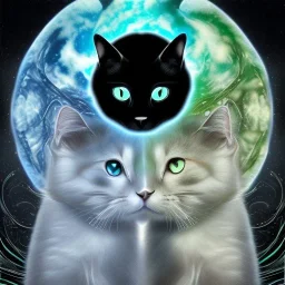 Gato branco de olhos azuis e gato preto de olhos verdes juntos em forma de ying yang