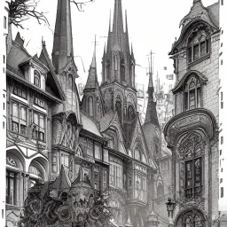 Square+neo-gothic architecture +detailed facades+human scalades+beautiful, liveable urban square lined with with richly detailed houses and shops, ,street trees,ornamental flowers +uphill road+biopunk+Book illustration by Gediminas Pranckevičius, Jean Baptiste Monge, Brian Kesinger, Anton fadeev, Kilian Eng, strong lines, high contrast vibrant colors, highly detailed, 16k resolution, trending on behance