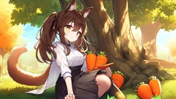 1girl, sitting, animal ear, tree, carrot, brown bunny ears, brown bunny tail, animal tail, short blue skirt, long brown hair, white shirt,