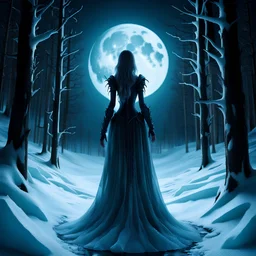 ice, frosted woman in an ice block, snow in a forest, moon above, gothic, darkness