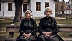 gloomy-looking old women sitting in black villager dress and wearing east european black head scharf on wooden bench in front of white old house outside in an authentic east european village, high detalied, professional photo, high qualit, high textures. The high-resolution image captures the essence of authenticity and realism, transporting the viewer to another time and place.