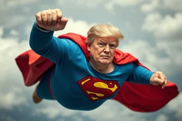 a thoroughly confused, frail, elderly and obese donald trump flying through the air dressed as superman