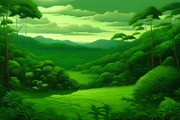 A green plain near a jungle painted by Frank Wilson