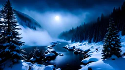,fir forrest scenery, heavy mist,mist shadows,valley,creek,forest,,tree,,nature,night,snow,fir tree,night,holy night
