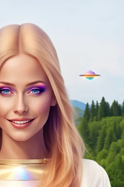 ufos rainbows,beautifuls paysages, fantastic colours,cosmic woman ,beautiful ufos rainbow, admiral from the future, galactic confédération, fine whole face, crystalline skin, expressive purple eyes,rainbow, smiling lips, very nice smile, costume pleiadian, Beautiful tall woman pleiadian Galactic commander, ship, perfect datailed golden galactic suit, high rank, long blond hair, hand whit five perfect detailed finger, amazing big puple eyes, mouth, high définition lips, cosmic happiness, bright c