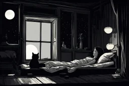 Woman sleeping in a dark room with a black cat. Moonlight filters through the window. Calming atmosphere.