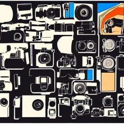 components of the camera laid out flat. poster design. high detailed. oil on canvas.