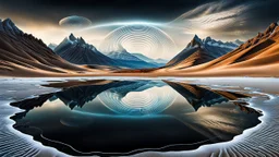 Abstract Landscape with surreal iced desert, mountains, iced water, reflections, sharp lights and shadows . The scene features circles, lines and ovals, all enhanced by overlapping, adding depth and dimension. In the scene old bones lying in sand in the right side. The sky is dramatic, filled with swirling dark clouds , creating an intense atmosphere. The color palette consists of rich, deep hues, watercolor and dark ink, like a dark dream