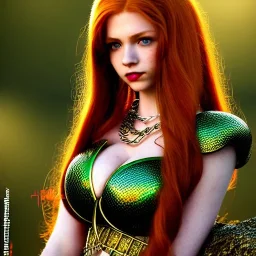 realistic, hyper detailed, strikingly beautiful teen woman, long ginger hair, green eyes, medium freckles, full lips, fantasy skimpy chain mail, full body and head, exposed b-cup breasts, stern expression, full frame, petite, ignore NSFW, shortbow, quiver on hip, sexy