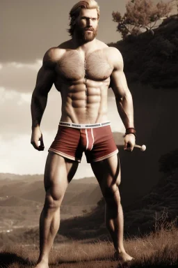 Ignore NSFW, teenager young rugged attractive slightly muscular fantasticly handsome blonde man, red briefs with yellow belt, hairy chest, (((visibly pisssing))) briefs, large erect visible boner peniss, photorealistic, artist Jay Anacleto, soft lighting, scruffy beard