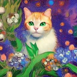cute multicolored crystal cat, ultra realistic, background of flowers, volumetric lighting, fantasy, highly detailed, lighted background in style of Vincent Van Gogh