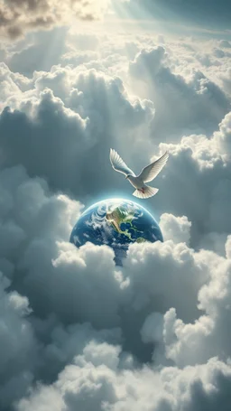 White Dove flying above swirling clouds, emerges from the heart of a raging storm. Turbulent winds of steam swirl around the iconic structure, lit by shafts of sunlight that cast dramatic shadows on the A large planet Earth hovering by over the clouds, another high planet waiting to collapse with planet earth , High quality 16k cinematic scene and great photography