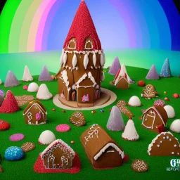 model of gingerbread house and landscape, gazebo, cotton candy trees, rainbow sprinkles, 8k resolution, centered, high-quality, ultrafine-detail, digital art, flickering light, detailed matte, volumetric lighting, illustration, 3D octane render, brian froud, howard lyon, ben goossens, George Grie, greg rutowski, alphonse mucha