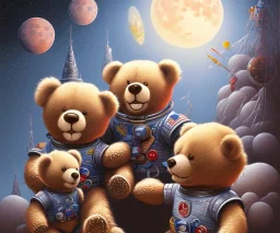 little boy and big teddy bears on moon. oil on canvas