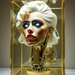 create a hyper-realistic vertical bust of a cybernetic Lady Gaga inside a champagne-gold acrylic display case, platinum curls, beauty mark, chrome implants, LED eyes, exposed circuitry, soft museum lighting, clean background, 9:16