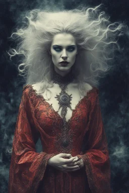 Conceptual surreal and otherworldly full body portrait photograph of a Vampire Sorceress , with highly detailed hair and facial features in the photographic style of Jerry Uelsmann, sharply focused, cross processed color image using color negative film with E-6 color slide chemicals, 8k, cinematic quality