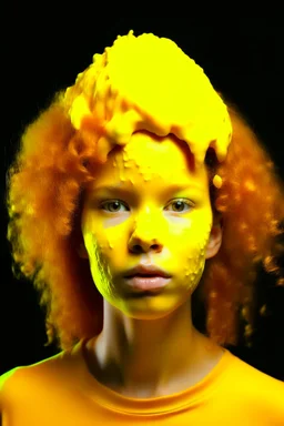 Girl face with yellow rubber effect in all face and hair with orange sponge meduza hair