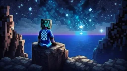 Minecraft Character, minecraft theme, purple starry sky, meditating, facing back, wearing gown, minecraft style, in between two cliffs,